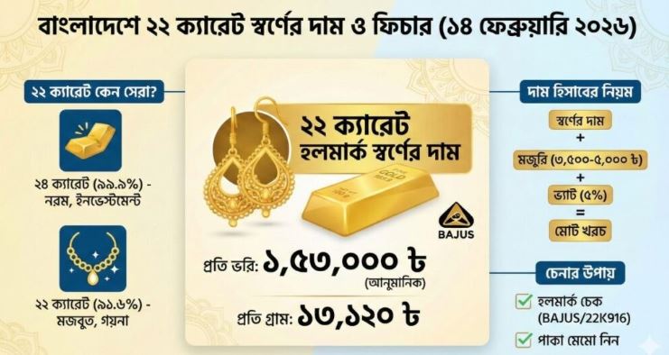 বাংলাদেশে ২২ ক্যারেট স্বর্ণের দাম কত Today 2026